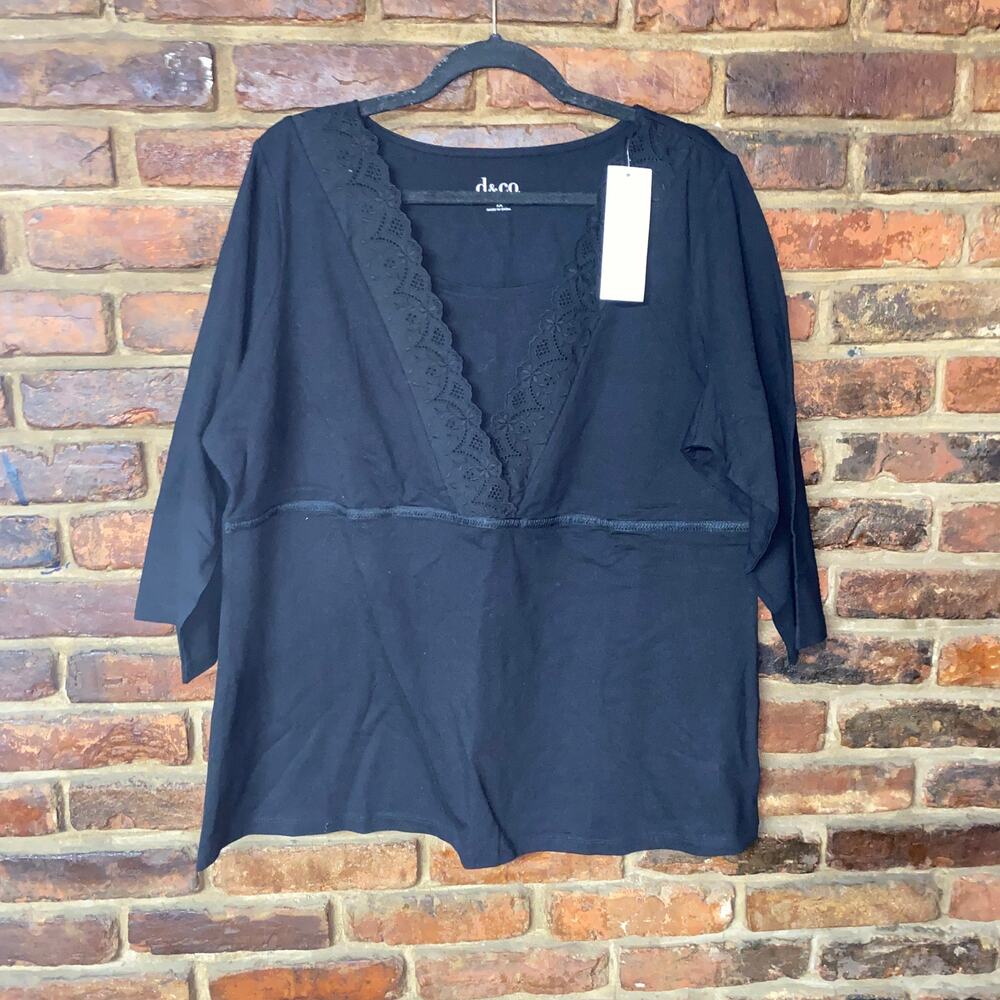 NWT New D&Co. Denim & Company Black Lace Trim 3/4 Sleeve Blouse Women's Size 1X